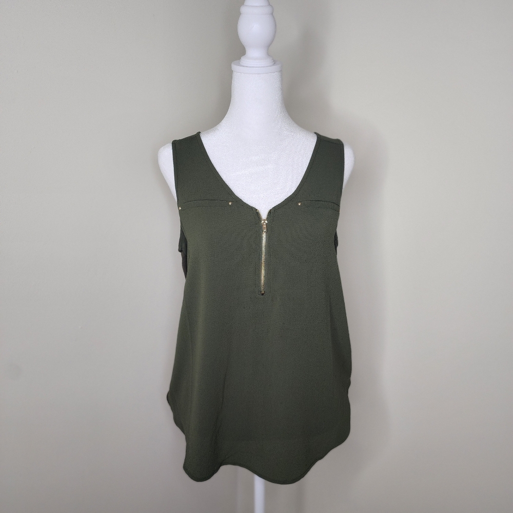 Womens Olive Green Gold Zipper Detailed Sleeveless Blouse size M